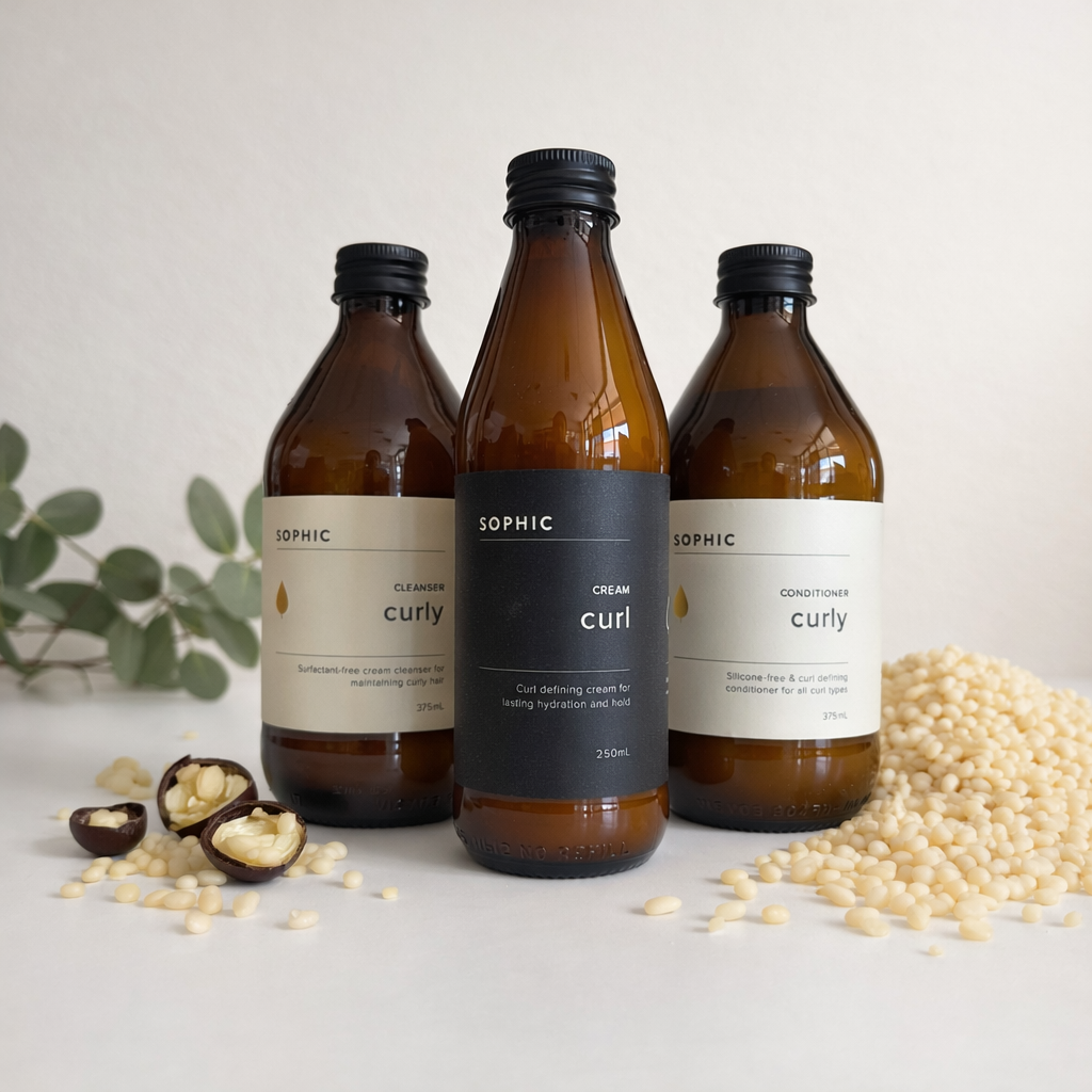 Three bottles of SOPHIC curly hair care products on a light background with eucalyptus leaves and nuts.