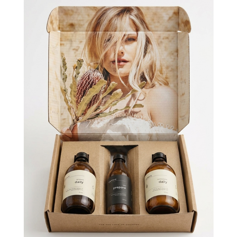Three bottles in a cardboard gift set with a decorative lid featuring a woman and flowers.