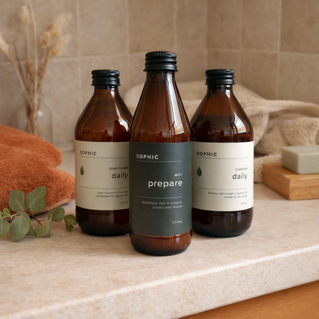 Three brown bottles labeled 'SOPHIC' on a bathroom counter with towels and soap in the background.