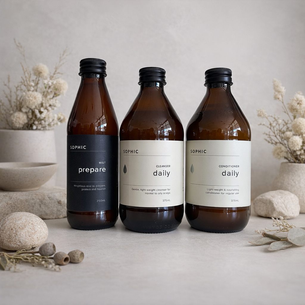 Three brown bottles labeled 'SOPHIC' on a neutral background with decorative elements.