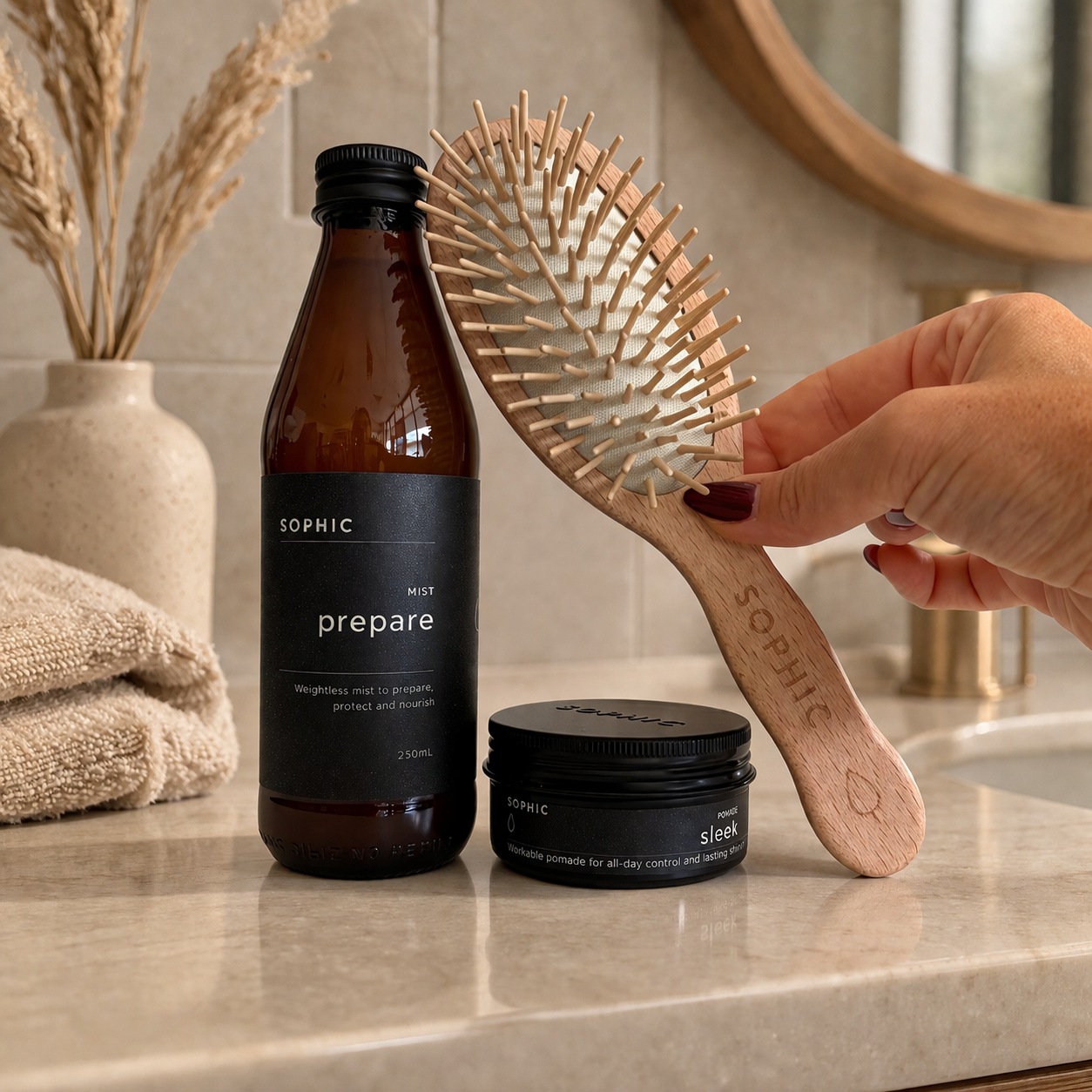 Bathroom counter with 'SOPHIC' hair care products including a bottle, brush, and jar.