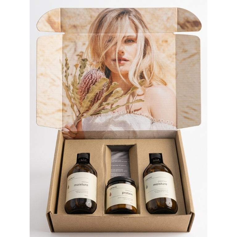 Skincare product set with bottles and jars in a wooden box featuring a photo of a woman.
