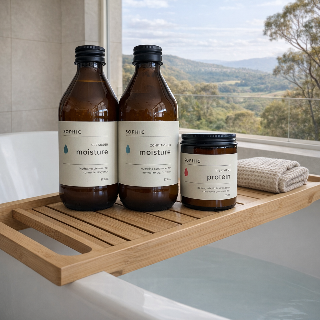 Bath products on a tray with a scenic view outside