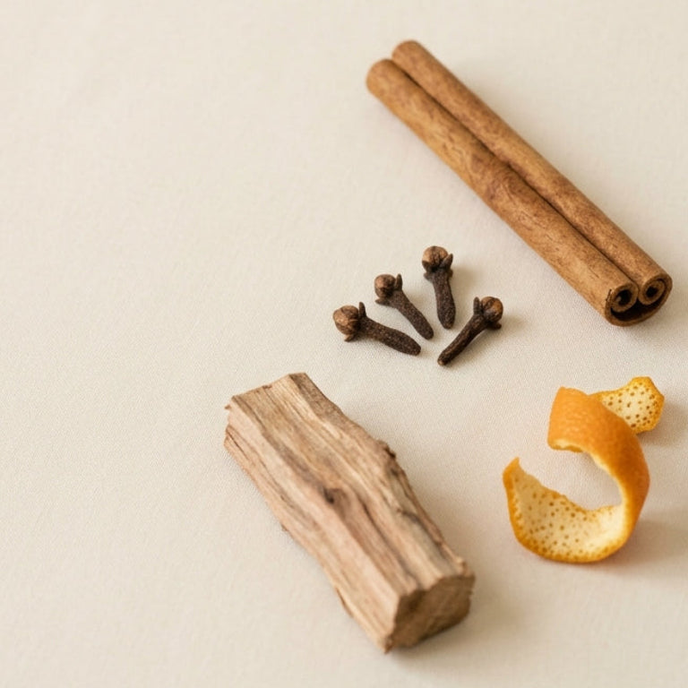 Cinnamon stick, cloves, and orange peel on a beige background