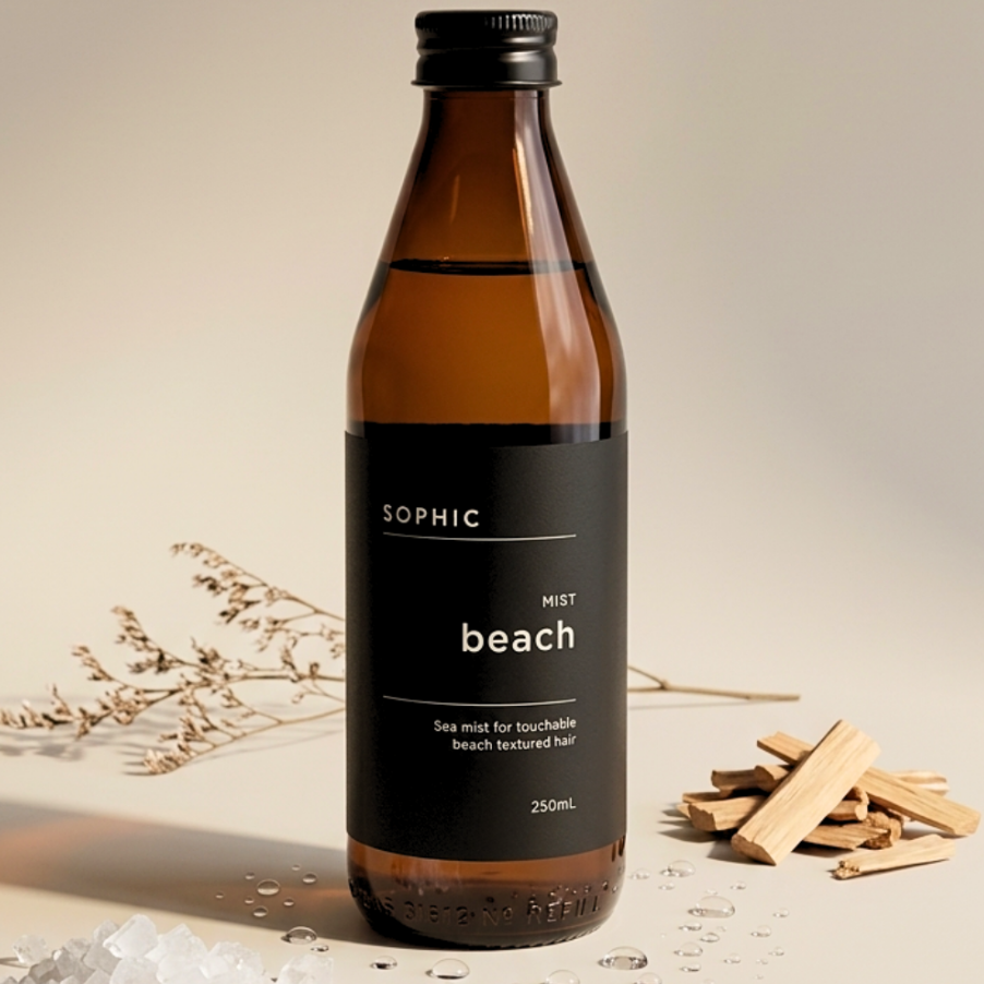 Brown bottle labeled 'SOPHIC' with 'Wet Beach' on a neutral background