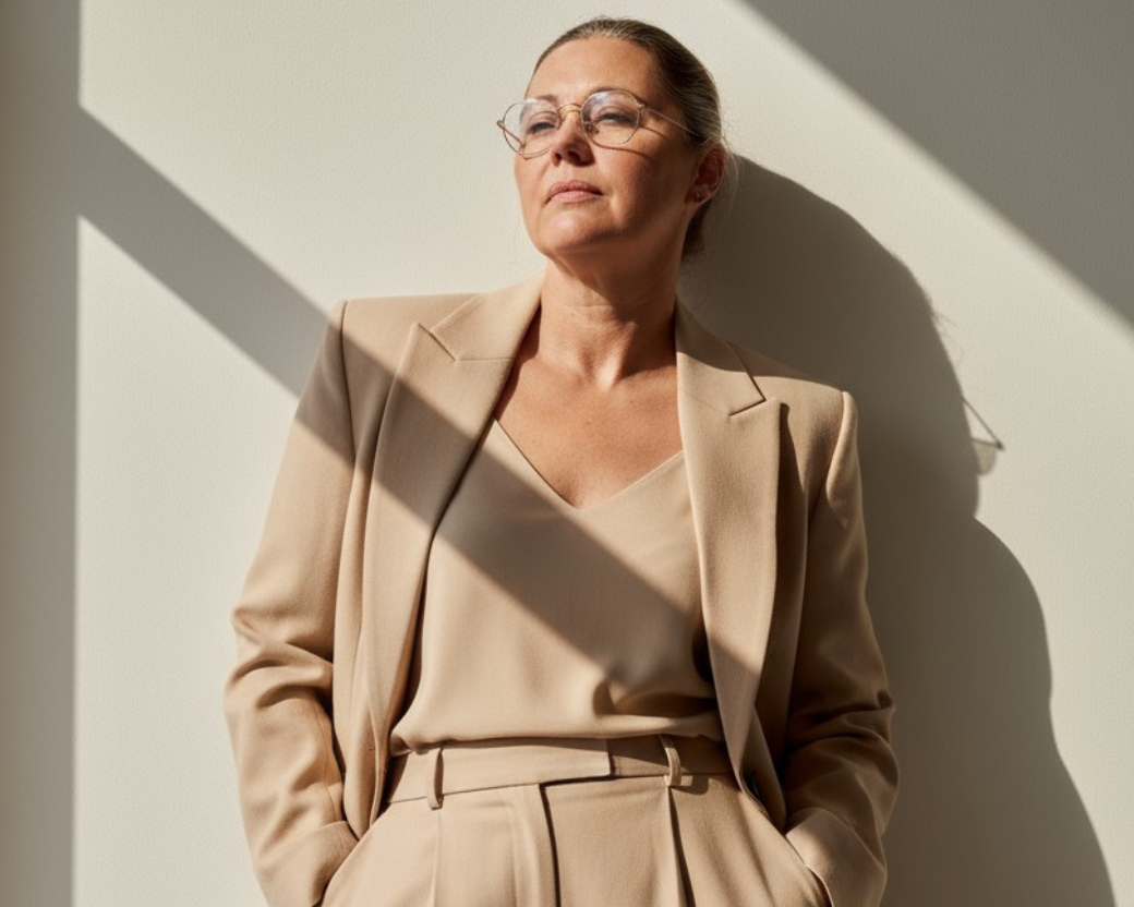 Person wearing a beige suit standing against a light background