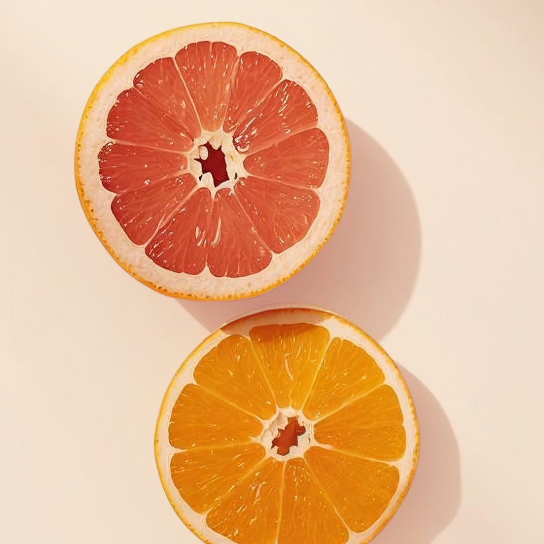 Two halves of a grapefruit and an orange on a beige background