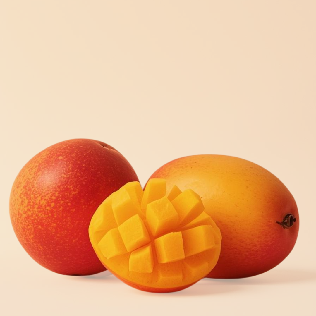 Two whole mangoes and one sliced mango on a beige background