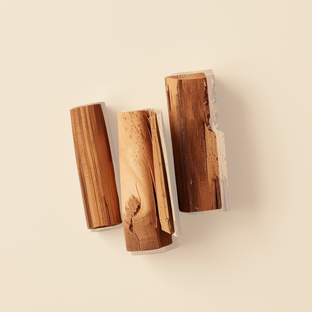 Three wooden logs on a beige background