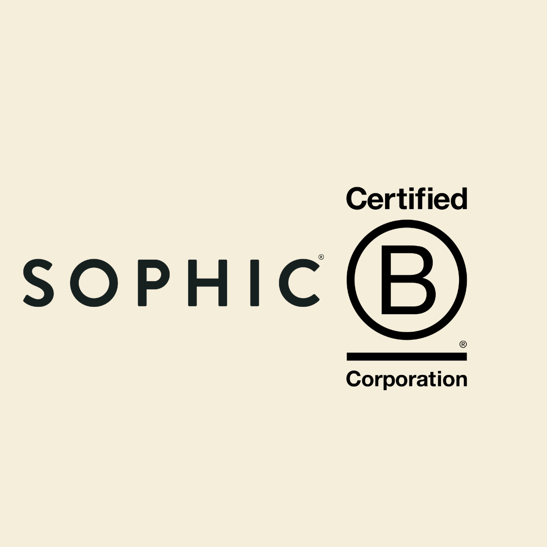 SOPHIC Certified B Corporation logo in black text and emblem on a warm cream background.